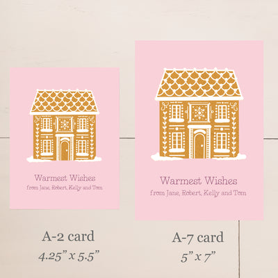 Two greeting cards with gingerbread house designs on pink backgrounds, showing A-2 and A-7 card sizes.