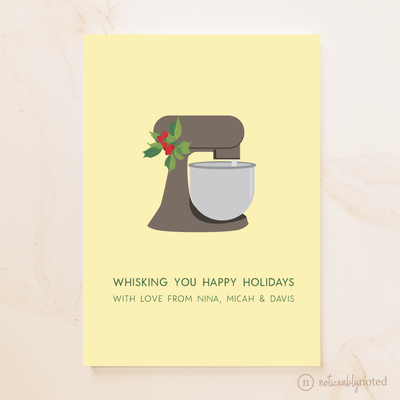 Holiday card with a mixer illustration and text on a yellow background