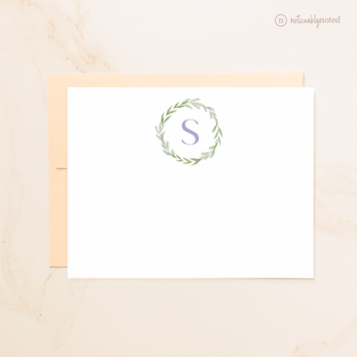 Pine and Laurel Wreath Monogrammed Flat Cards | Noticeably Noted